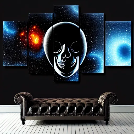 Prompt: black background, with a foreground of a symmetrical skull with a texture of paint pour modern abstract very detailed 8 k 4 k canvas, fractal, cosmic alien worlds, nebula, galactic, planets, space, extreme details