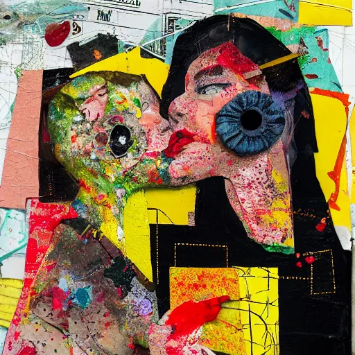 Image similar to two women kissing at a carnival, mixed media collage, retro, paper collage, magazine collage, acrylic paint splatters, bauhaus, claymation, layered paper art, sapphic visual poetry expressing the utmost of desires by jackson pollock