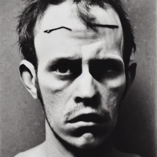 Image similar to photo portrait of ugly brutal face male cultist by Diane Arbus and Louis Daguerre