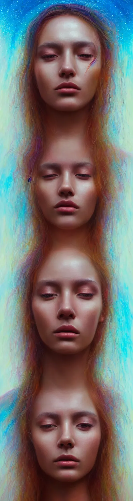 Prompt: hyperrealistic close-up psychedelic portrait of pretty girl! peaceful aura and soul of heaven highly detailed concept art eric zener elson peter, Leng Jun, DMT, epic cinematography, rainbow golden ratio, lighting high angle hd 8k sharp shallow depth of field, inspired by Zdzisław Beksiński and Pablo amaringo
