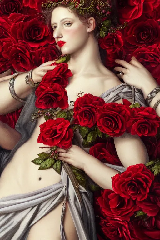 Prompt: hyperrealism close-up mythological portrait of a medieval female merged with huge number of crimson roses, dark palette, pale skin, wearing silver silk robe, in style of classicism