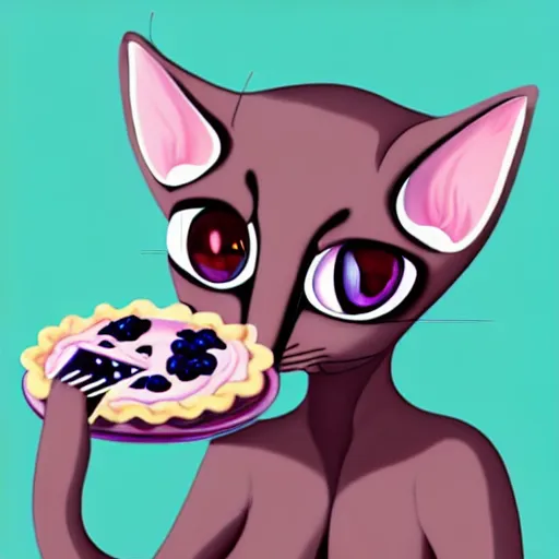 Prompt: an anthropomorphic hairless cat fursona with big cute eyes eating a slice of blueberry pie, furry art, oil on canvas, soft lighting