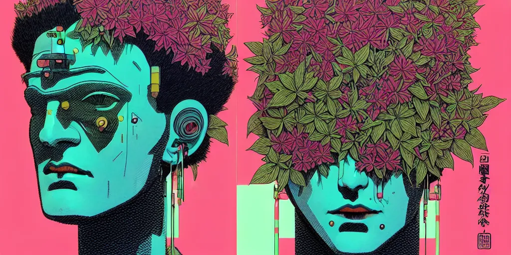 Image similar to risograph grainy drawing futuristic sci - fi antagonist face wearing earrings, photorealistic colors, face covered with plants and flowers, by moebius and satoshi kon and dirk dzimirsky close - up portrait, hyperrealistic