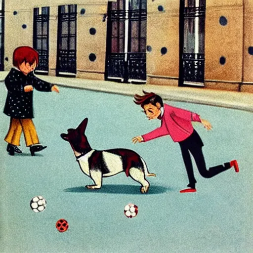 Image similar to a french boy on the streets of paris playing football against a corgi, the dog is wearing a polka dot scarf, book illustration, 1 9 6 6