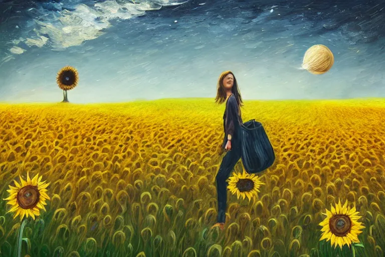 Image similar to giant sunflower as a head, girl walking in wheat field, hills, surreal photography, dark night, star trails, dramatic light, impressionist painting, clouds, digital painting, artstation, simon stalenhag