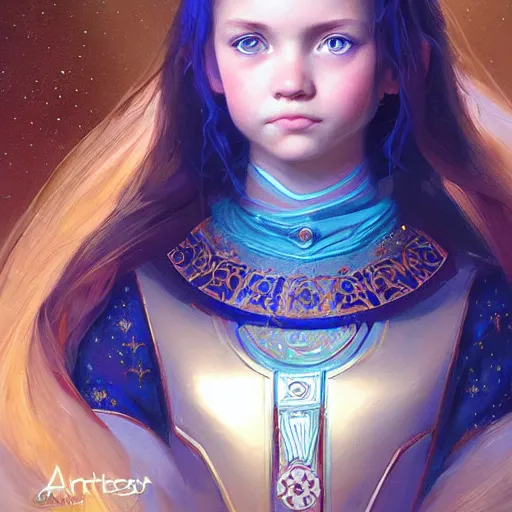 Prompt: a little girl with short wavy curly light brown hair and blue eyes, a space empress in byzantine style. beautiful highly detailed face, painting by artgerm and greg rutkowski and ilya kuvshinov.