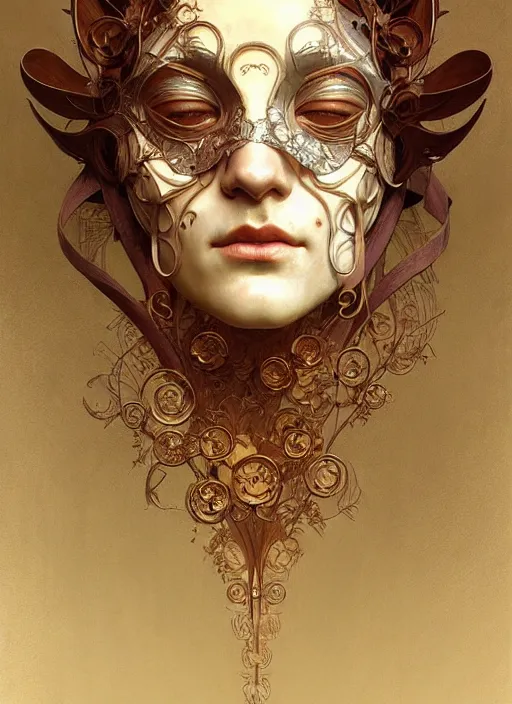 Prompt: floating thespian mask, face, detailed, intricate, elegant, highly detailed, digital painting, artstation, concept art, smooth, sharp focus, illustration, art by Krenz Cushart and Artem Demura and alphonse mucha