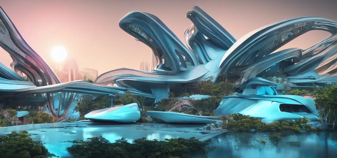 Prompt: highly detailed futuristic architecture by Frank Lloyd Wright and Zaha Hadid, reflective lighting, digital vegetation, ground-level view, puddles turquoise of water, stunning sunny lighting, sunrise, vivid colors, in the style of pixar animation, trending on Artstation, 8k, matte painting, ray tracing, hyper detailed, unreal engine 5, cinematic, epic lighting, cryengine, octane render, cyberpunk, red and orange glow, vibrant