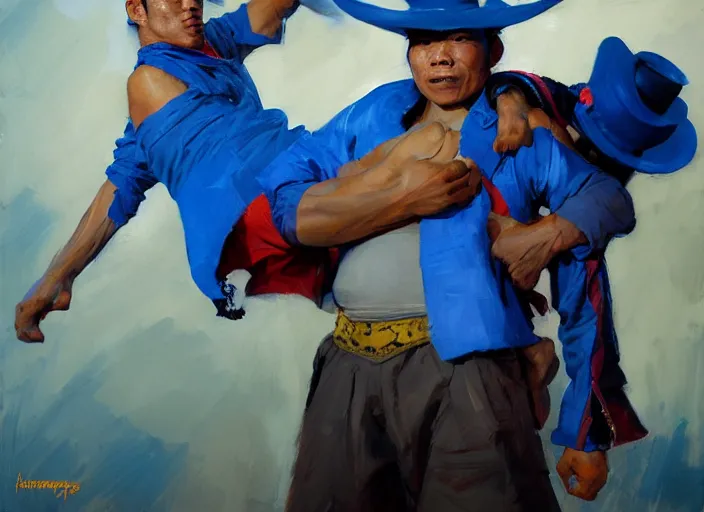 Image similar to greg manchess portrait of a filipino fighter wearing a jester hat victorious holding a man in a blue suit over his head, organic painting, sunny day, matte painting, bold shapes, hard edges, street art, trending on artstation, by huang guangjian, gil elvgren, ruan jia, randy vargas, greg rutkowski