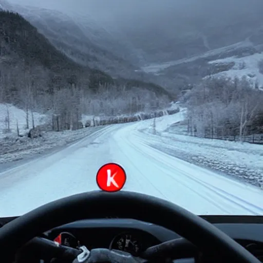 Prompt: mario kart on an icy road in norway