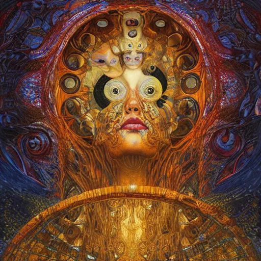 Image similar to Visions of Hell by Karol Bak, Jean Deville, Gustav Klimt, and Vincent Van Gogh, visionary, otherworldly, fractal structures, ornate gilded medieval icon, third eye, spirals