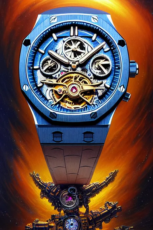 Prompt: realistic futuristic Audemars Piguet chronograph tourbillon clocks james gurney, dan luvisi, Petros Afshar, tim hildebrandt, liam wong, Mark Riddick, thomas kinkade, ernst haeckel, dan mumford, trending on artstation, josephine wall, WLOP, cgsociety by Gediminas Pranckevicius, trending on cgsociety and DeviantArt