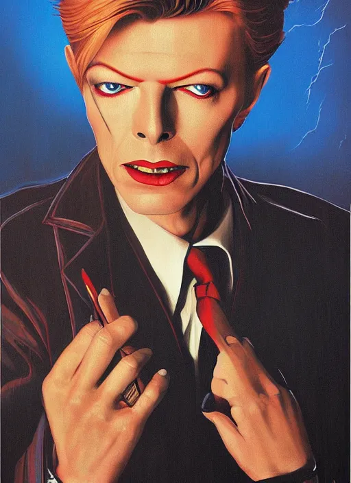 Image similar to twin peaks poster art, portrait of david bowie his suit is split half in black, by michael whelan, rossetti bouguereau, artgerm, retro, nostalgic, old fashioned