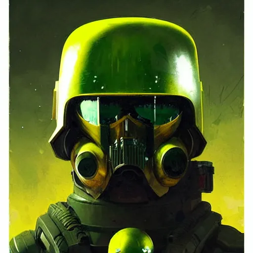 Prompt: portrait of a mutant chronicles bauhaus doomtrooper, wearing green battle armor, a yellow smiley sticker centered on helmet, by greg rutkowski