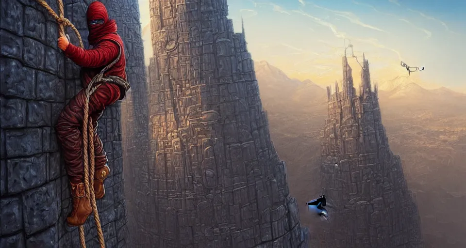 Image similar to landscape painting of a hooded thief in leathers using a rope to climb a tall building with a fantasy city, fine details, magali villeneuve, artgerm, rutkowski