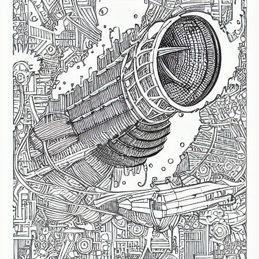 Prompt: Simplistic coloring book of a turbine blueprint, black ball pen on white paper, by Josan Gonzalez and Geof Darrow