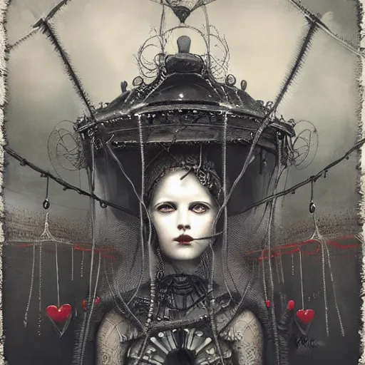Prompt: By Tom Bagshaw, ultra realist soft painting of curiosity carnival by night, Heart attached in barbed wires, symmetry accurate features, very intricate details, ominous sky, black and white, volumetric light clouds