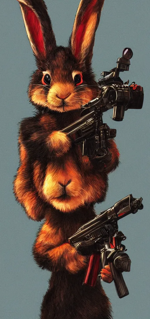 Image similar to portrait of neon fur rabbit with red eyes and a machine gun , 8k, highly detailed, sharp, realistic, in style of Brom