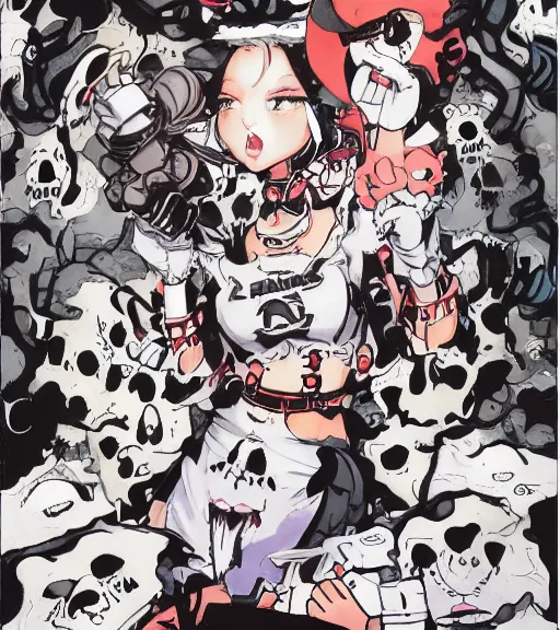 Prompt: portrait of happy energetic cute goth girl, Ryuko Matoi, wearing a sailor fuku, by Mike Mignola, chris bachalo, symmetrical, detailed face, 8k, print ready, black + white