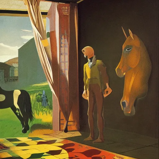 Image similar to portrait horse-face Nightmarish Horse Man Warlock the Bobby Fischer camouflaged as a Pony wearing a yellow hoodie eyvind earle greg rutkowski edgar degas andrew wyeth giorgio de chirico