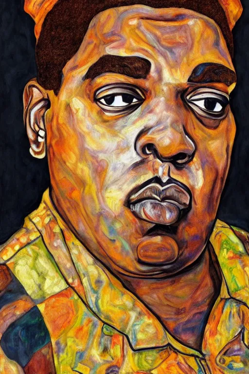 Image similar to a portrait of biggie small in style of egon schiele, masterpiece, hyperdetailed, complex, intricate, 4 k, trending on artstation