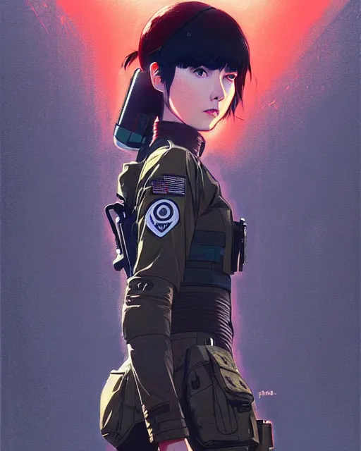 Image similar to girl wearing in tactical gear | | audrey plaza, fine detail!! anime!! realistic shaded lighting!! dramatic!! poster by ilya kuvshinov katsuhiro otomo ghost - in - the - shell, magali villeneuve, artgerm, jeremy lipkin and michael garmash and rob rey