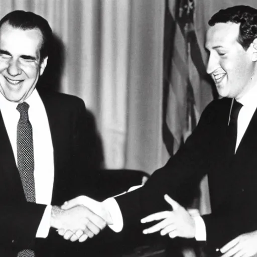 Prompt: photo of richard nixon shaking hands with mark zuckerberg