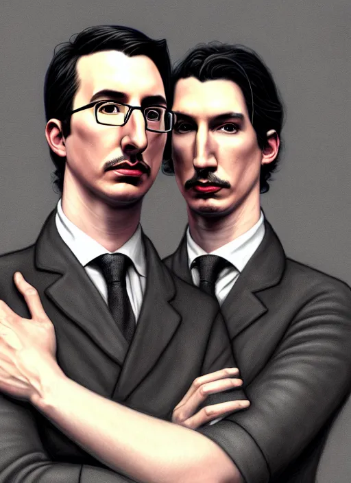 Image similar to a portrait of john oliver and adam driver posing together, stoic, military uniform, fantasy, intricate, elegant, beautiful, highly detailed, charcoal, centered, dark, smokey, digital painting, artstation, concept art, smooth, sharp focus, illustration, art by artgerm and greg rutkowski and alphonse mucha