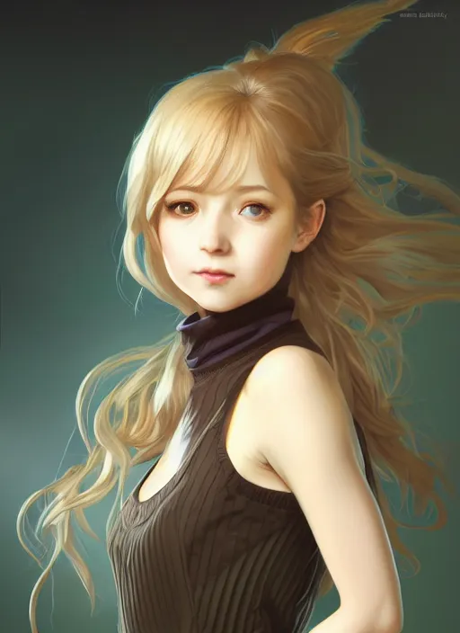 Image similar to portrait of a full body of beautiful young female detective, d & d, sleeveless turtleneck, pleated skirt, fantasy, flat lighting, intricate, highly detailed, digital painting, artstation, concept art, smooth, sharp focus, illustration, misa amane, art by simon bisley and greg rutkowski and alphonse mucha, natural tpose