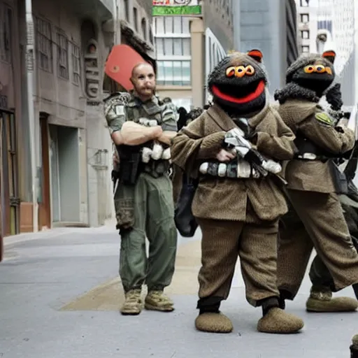 Prompt: sesame street police special forces unit charges into battle, muppets, associated press photo, war journalism, newspaper, microfiche