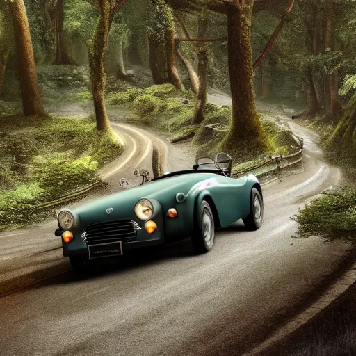 Prompt: octane render of a Triumph TR250 driving on narrow winding road in a mixed mesophytic forest, photorealistic, Car & Driver, trending on ArtStation