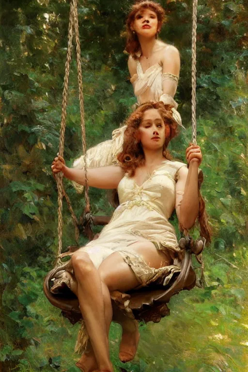 Prompt: full body portrait of her sitting on swing in forest, highly detailed painting by gaston bussiere, craig mullins, j. c. leyendecker, 8 k, mid shot