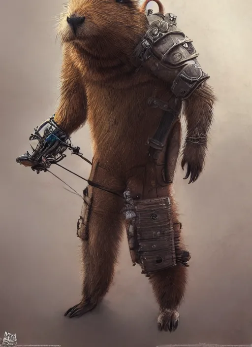 Image similar to detailed full body concept art illustration oil painting of an anthropomorphic capybara mad max in full intricate clothing, biomutant, dystopian, ultra detailed, digital art, octane render