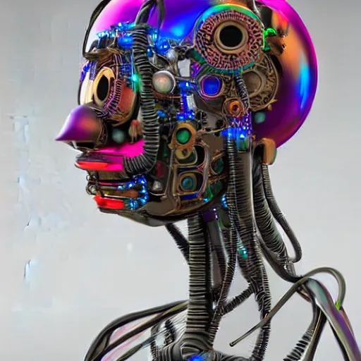 Image similar to a glossy claymodel of a steampunk robot head, top of the head is covered with wires and multicolored glowing tubes, 8 k, front view, symetrical, flourescent colors, halluzinogenic, multicolored, insanely detailed, 3 d render, octane