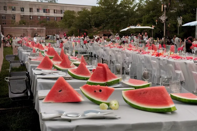 Image similar to 2 0 1 2 watermelon diner, tables repeat endlessly into the horizon, y 2 k cybercore cutecore fruitcore, one point perspective, tyler mitchell photoshoot