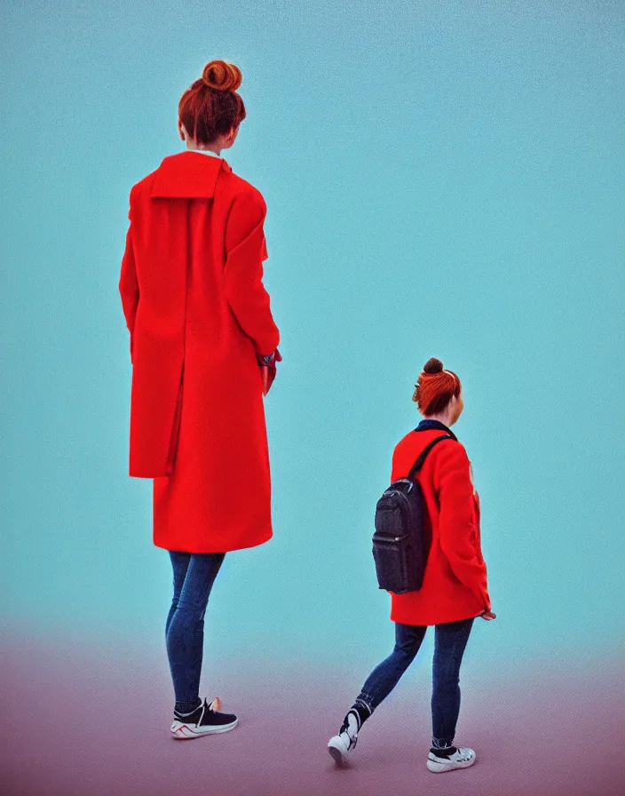 Prompt: wide shot rear view photographer woman hair in a bun long red stripe coat backpack sneakers taking photo with nikon camera in hand while looking out over a placid blue lake, a character design painting, in the style of wes anderson, lola dupre, david hockney, isolated on negative white space background dark monochrome fluorescent spraypaint accents volumetric octane render, no double figure