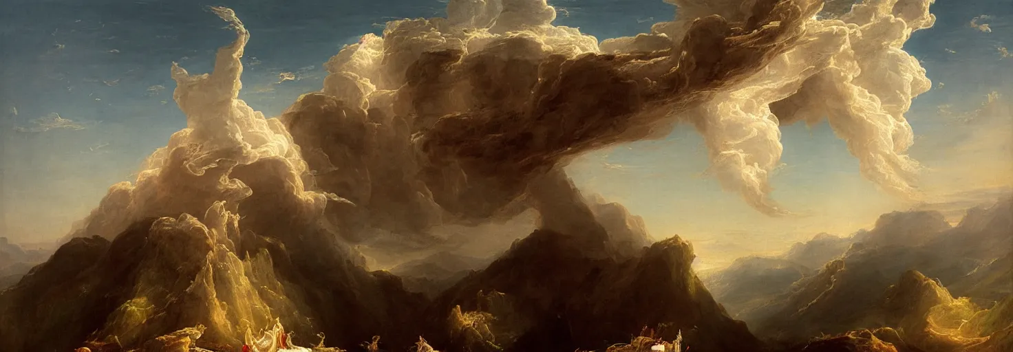 Image similar to a painting of a hand descending from the clouds demand payment for daily existence, in the style of an epic Thomas Cole painting