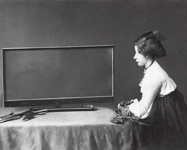 Prompt: 1 7 0 0 s photo of a person watching a flat screen hd tv