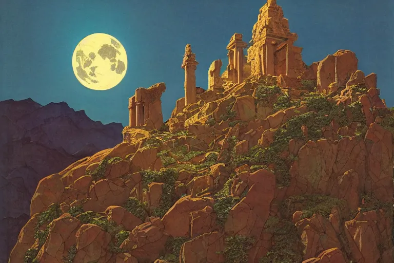 Image similar to ancient temple on a mountaintop by moonlight | by Paul O. Zelinsky and Maxfield Parrish and Nicholas Roerich and Donato Giancola | ornate carvings| climbing vines| rich color | dramatic cinematic lighting | extremely clear and detailed