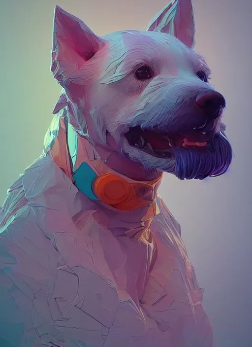 Image similar to colourful caricature - 3 d vfx art - of a dog, art style by james jean & hsiao - ron cheng, character concept art, unreal engine render, digital illustration, sharp, intricate detail, volumetric light, ray tracing, soft light, symmetric, pinterest, artstation, behance,