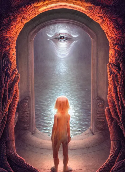 Image similar to hyperreal ultra detailed hypnagogic recollections from the waters of the unconscious. a 3 d psychopomp watching on. an ancient child. prismatic crystal light projections, a doorway threshold, a snake, sharp focus, global illumination, ornate, art by shaun tan, fenghua zhong and daniel merriam and dan mumford octane render