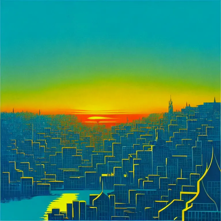 Image similar to birdseye view of a sunrise over a city, art by eyvind earle