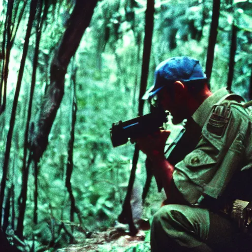 Prompt: film still, extreme far view, elaine benes jungle, vietnam door gunner, apocalypse now, associated press, 2 6 mm, kodak ektachrome, blue tint expired film