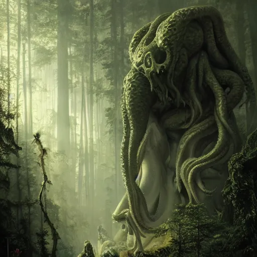 Image similar to cthulhu towering over the forest, 8 k octane beautifully detailed render, post - processing, extremely hyper - detailed, intricate, epic composition, cinematic lighting, masterpiece, trending on artstation, masterpiece, stunning art by anders zorn, wonderful masterpiece by greg rutkowski, beautiful cinematic