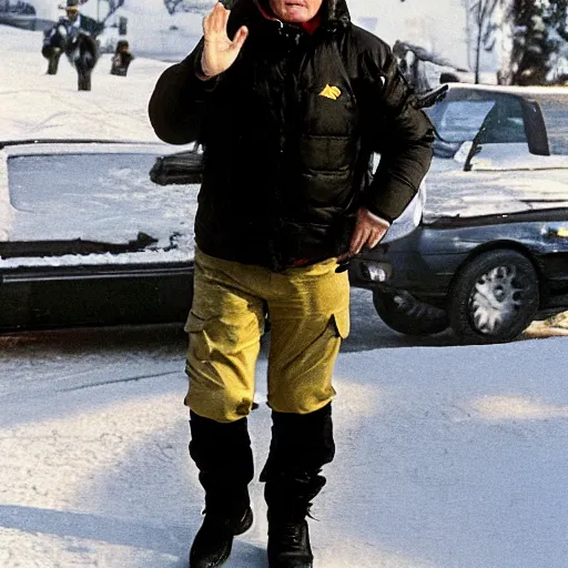 Image similar to john paul ii in a black puffed nuptse, black cargo pants and high black boots, press paparazzi photograph