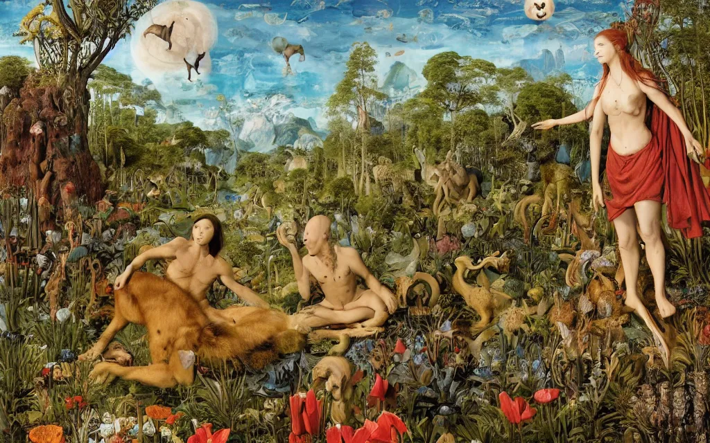 Image similar to a portrait photograph of a meditating werelwolf and a centaur king hunting tropical animals at a wide river delta. surrounded by bulbous flowers, animals, trees and mushrooms. mountain range under a vast blue sky of burning stars. painted by jan van eyck, max ernst, ernst haeckel and artgerm, cgsociety, artstation, fashion editorial