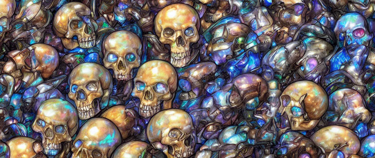 Prompt: translucent opal crystal skulls, glossy, god rays, tilt shift, perspective, depth of field, high detail, hyper detailed, masterful, very detailed, extremely detailed, snes game box art, electric color, hdr, photorealistic, 1 6 k 8 k hd