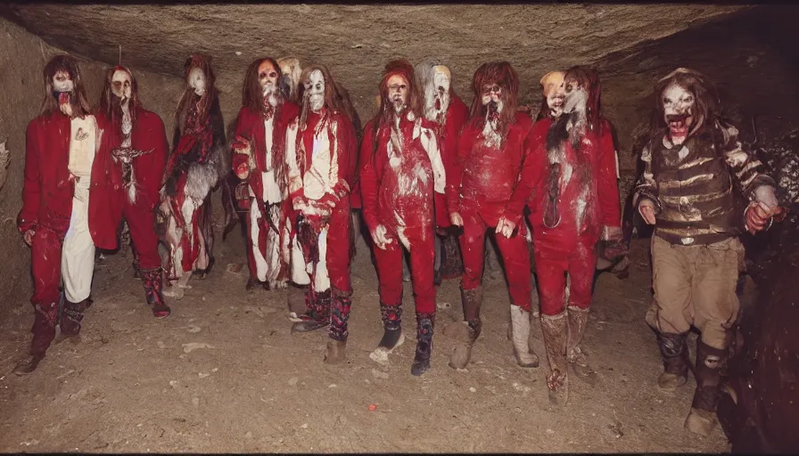 Prompt: high realistic photo portrait of esoteric tribes members with taxidermic flesh bloody jaw and elaborate red clothes in a empty tunnel, cinestill 800t 35mm, heavy grain, high quality,