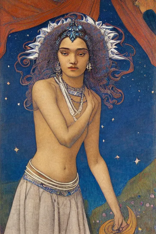 Image similar to queen of the moon with stars in her hair by Nicholas Roerich and Annie Swynnerton and Diego Rivera and jean delville and Carl Larsson, dramatic cinematic lighting , dark skin and natural afro hair, silver jewelry, ornate headdress, flowing robes, sacred artifacts, lost civilizations, smooth, sharp focus, extremely detailed