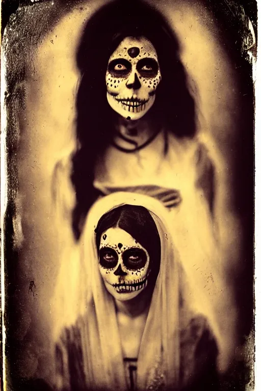 Image similar to wet collodion process, tintype virgin mary in dia de muertos dress and make up, horrific beautiful vibe, evocative, atmospheric lighting, painted, intricate, highly detailed, leesha hannigan, wayne haag, reyna rochin, ignacio fernandez rios, mark ryden, iris van herpen, stunning, gorgeous, sharp focus, cinematic, masterpiece